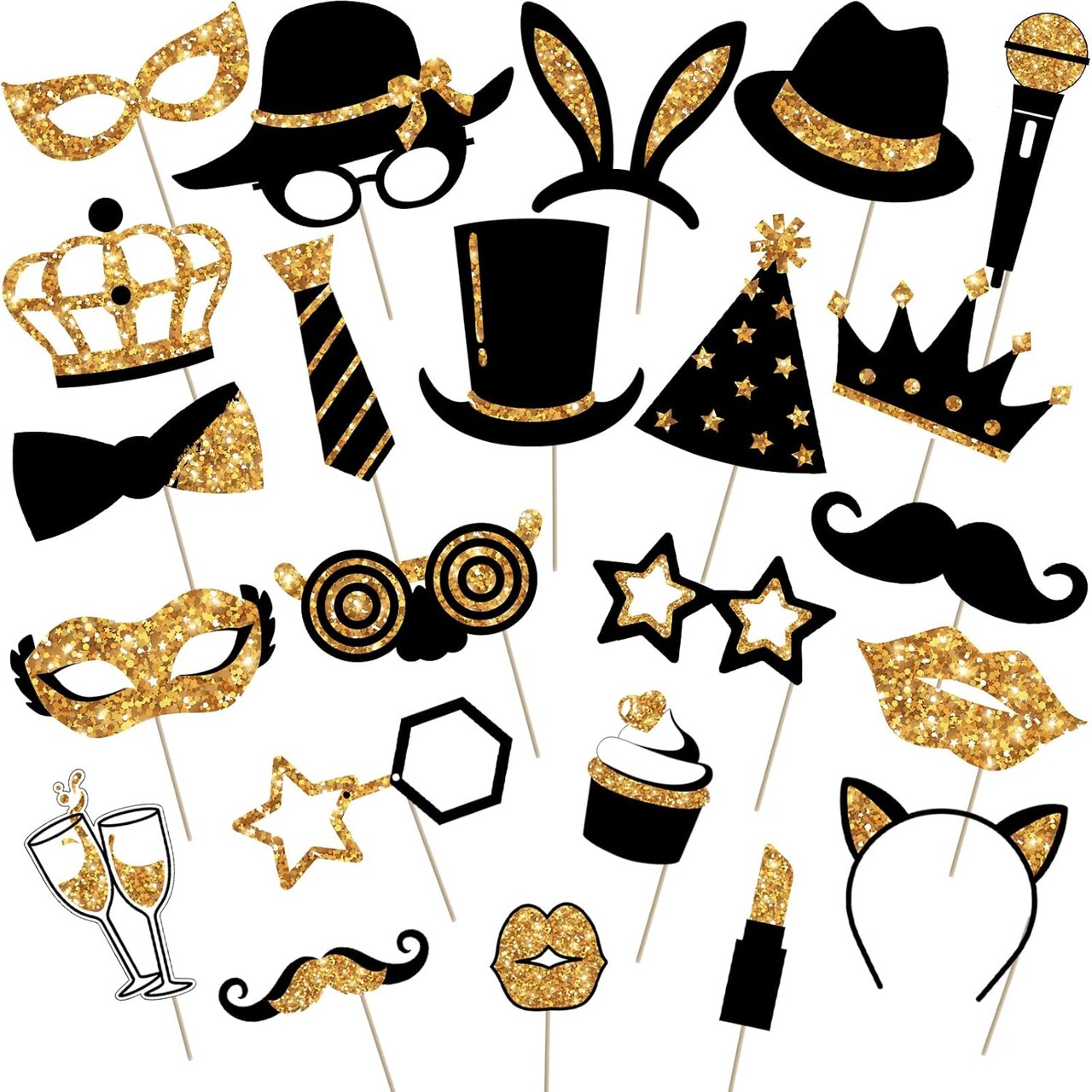 24 Pc Gold Funny Photo Booth Props – Hats, Lips, Crowns & More
